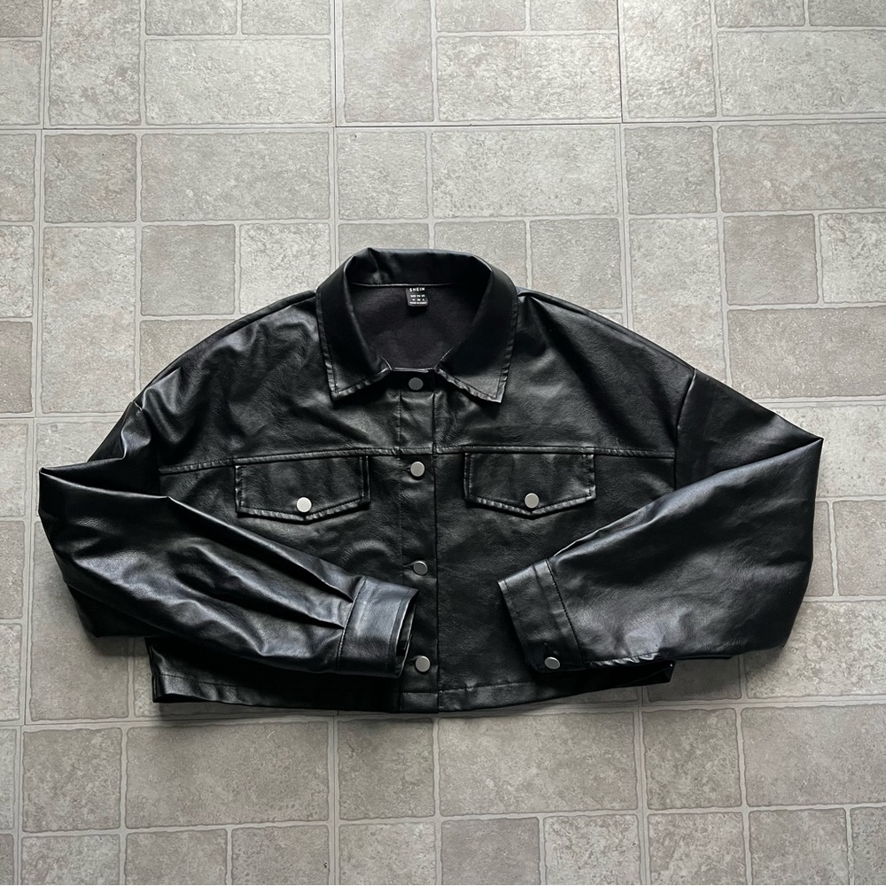 Black Faux Leather Cropped Button Up Jacket Medium